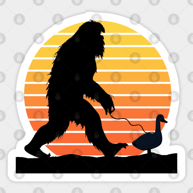 Bigfoot walking a duck on a leash Sticker by FlippinTurtles